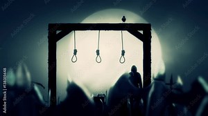 Medieval Army and an Executioner Next to the Gallows on a Night with a Rising Full Moon