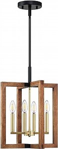 Doraimi Lighting 4 Light Farmhouse Gold Natural Solid Wood Hanging Ceiling Pendant Light Fixture,Rustic Kitchen Island Lighting with Black Metal Frame for Entryway Dinning Room Bedroom