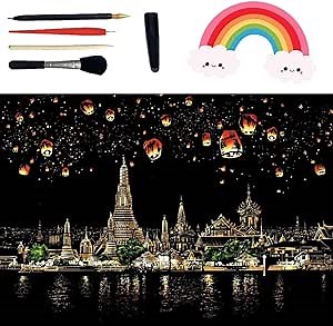 Hue Board Scratch Art with Tools,Hueboard Art Scratch,Scratch Colorful City Series for Teens & Adults,Scratch Night View,Scratch Painting Art Drawing Picture,for Gifts (#08)