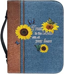 Suobstales Sunflower Butterfly Print Bible Cover for Women Men Girls Trust in The Lord PU Leather Bible Cover Case Book Carrying Bag with Handle and Pocket Tote Scripture Organizer Pen Holder, M
