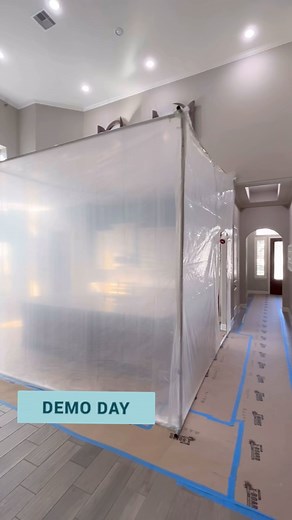 Dust containment is so important!! Took some time and creativity but this kitchen is prepped and ready for demo. Need help prepping rooms with high ceilings, check this out… Custom inset, white oak cabinets incoming!!! #tbt #trinitybuilders #kitchendesign #dustcontrol | Trinity Builders of Texas