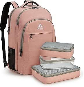 G4Free 40L Travel Backpack & Large 17 Inch Laptop Backpack for Men and Women with 3 Pieces Packing Cubes Packing Cubes for Travel Holiday Business Work, pink, 40