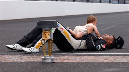 Bubba Wallace celebrates with son after historic Brickyard 400 victory