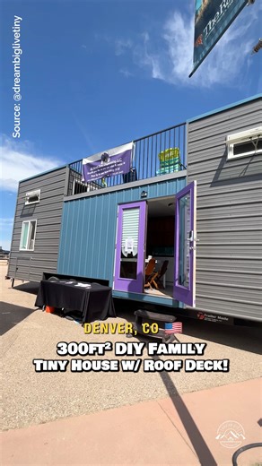 What do you think of this 30' x 10' tiny house on wheels with a main-floor bedroom & two lofts? This tiny house was self-built by owner Tricia to be home to her & her two sons. Inside, there is a kitchen with full-size appliances, a spacious living room with a sectional couch, a main-floor bedroom, a closet & laundry room, a full bathroom with a shower/tub, 2 bedroom lofts for the boys, & a rooftop deck! #tinyhouse #tinyhome #housetour #DIY #cottage | Alan Toscano