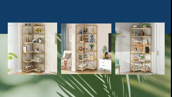 Tribesigns 6-Shelf Corner Bookshelf, 70.9" Tall L-Shaped Bookcase, Large Etagere Shelving Unit, Storage Display Rack With Metal Frame for Living Room Office, White Gold