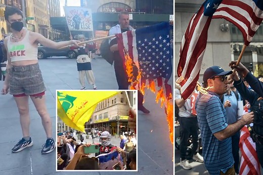 Anti-Israel protesters wave Hezbollah banner, set  American flags on fire during NYC unrest