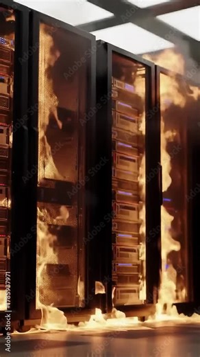 Burning data center racks depicting catastrophic server room fire and system failure vídeo do Stock