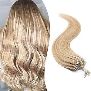 SEGO Micro Bead Hair Extensions Cold Fusion Micro Loop Human Hair Extensions Nano Rings Beads Stick Tipped Blonde Real Hair Extensions 50g 100 Strands 18inch 18P613# Ash Blonde&Bleach Blonde