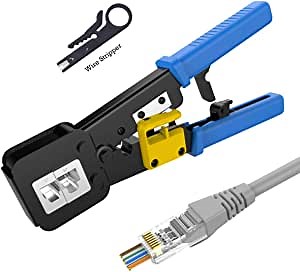 RJ45 Pass Through Crimping Tool with Extra Wire Stripper for 6P/8P Cat5 Cat5e Cat6 Connectors, Ethernet Network Telephone Cable Crimper Tool for RJ11/RJ12 Regular and End-Pass-Through Connectors