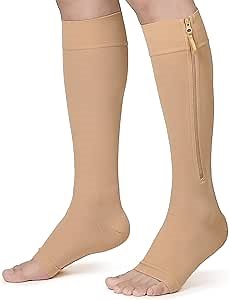 KEKING® Zipper Compression Socks for Men Women, Open Toe, 20-30mmHg Firm Support Knee High Zipper Compression Stockings for Wide Calf - Varicose Veins, DVT, Shin Splints, Edema, Nursing, Beige M