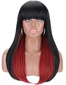 Amazon.com : Kalyss 22" Long Straight Silky Smooth Synthetic Hair Wigs with Bangs for Women High Temperature Yaki Texture Full Hair Wigs for Women (black & burgundy red) : Beauty & Personal Care