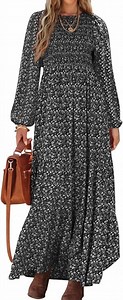 PRETTYGARDEN Women's Fall Dresses Long Sleeve Flowy Casual Floral Maxi Dress Crew Neck Smocked Tiered Long Dress