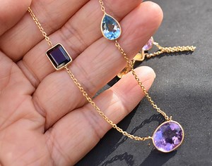 Designer 14K Yellow Gold Multi-gem Pendant Necklace 29" Amethyst, Peridot, Garnet, Citrine, Topaz - Etsy UK