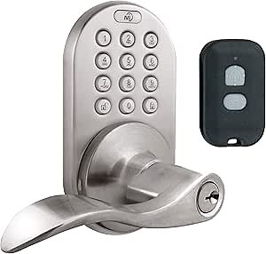 MiLocks XKL-02SN Digital Lever Handle Door Lock with Keyless Entry via Remote Control and Keypad Code for Interior Doors, Satin Nickel