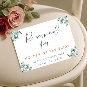 Eucalyptus Wedding Reserved Signs | Canva Editable Templates | A6 Printable Ceremony Chair Cards