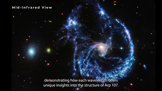 A Tour of Interacting Galaxies Arp 107 in Leo Minor | Webb Telescope FriendsofNASA.org: This video tours Arp 107, two galaxies that collided hundreds of millions of years ago. The journey begins and ends on a new mid- and near-infrared image from the James Webb Space Telescope, and includes a fade to the mid-infrared view from Webb. Webb has captured the pair of galaxies in the process of merging. This will take hundreds of millions of years. Arp 107 is located 465 million light-years from Earth