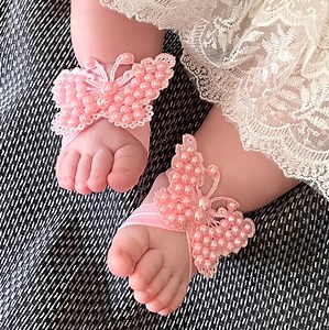 Baby Girl Butterfly Barefoot Sandals & Headband, Pink Pearl Christening Set - Etsy UK