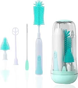 Electric Bottle Brush Cleaner, Electric Baby Bottle Brush Set Including Waterproof Bottle Cleaner, Nipple Brush, Straw Cleaner, Mixer, Bottle Drying Rack, Rechargeable,Two Cleaning Modes