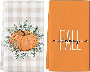 Siilues Fall Kitchen Towels 18 x 26 Inch, Fall Decorations for Home Happy Fall Decor Pumpkin Dish Towels Seasonal Thanksgiving Decorations for Home Kitchen Decor Hand Towels Set of 2