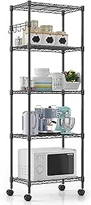 Himimi 5-Tier Storage Shelf Wire Shelving Unit on Wheels Heavy Duty Metal Shelves Adjustable Steel Rack Organization for Kitchen Garage Basement, Black