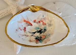 Decoupage Koi Fish Pond Large Clam Shell Trinket Dish: Coastal Decor - Etsy