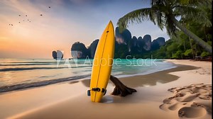 A surfboard in beach sand. Seamless looping time-lapse 4k video animation background