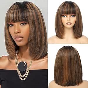 Bob Wig with Bangs Human Hair 1b/30 Highlight Wig Human Hair Short Human Hair Wigs for Black Women Real Hair Wigs for Black Women 2.5X1 inch Bob Wig Human Hair Glueless 12Inch Short Bob Wig
