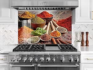 Myphotostation Tempered Glass Splashback 30Wx27.5H'-Spoon Spices Backsplash Design Cooker Herbs Backsplash Panel Glass Splashback for Kitchen Panel Design Spoon Herbs Splashback for Stove