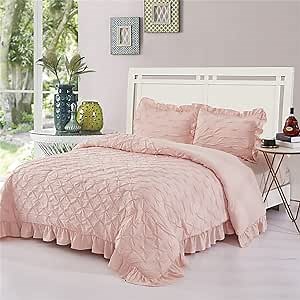 HIG Pink Lace Ruffled Comforter Set King - Pintuck Pinch Pleated Bedding with Shams - Super Soft Prewashed Comforter Lightweight- Chic Farmhouse Style (Brianna-King, Pink)