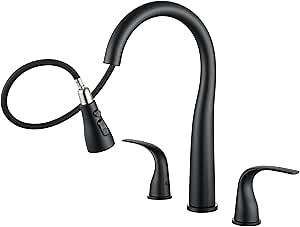 TIORIY Black Kitchen Faucet 3 Hole with Pull Down Sprayer, 2-Handle High Arc Kitchen Sink Faucet with 3 Function Spray, Stainless Steel, T-3005B