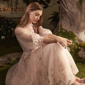 NEW TEA LENGTH DRESS EMBROIDERED WITH LACE & SEQUINS WITH SHEER SLEEVES AL A0862