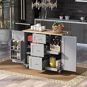 50" Rolling Kitchen Island with Storage - Kitchen Storage Islands & Carts with 2 Slide-Out Shelf, Movable Kitchen Island on Wheels with Rubber Wood Top, Spice Rack, Tower Rack, Grey