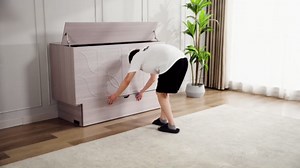 Polibi Queen Size Folding Murphy Bed with Big Drawer, Sockets and USB Ports, Space-Saving Convertible Cabinet Bed with Folding Foam Mattress, Grey