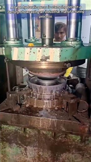 Industrial pot stamping with a hydraulic press.