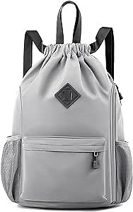 MAYFIVE Drawstring Backpack Sports Gym Bag with Mesh Pocket, Water-Resistant String Backpack Bag Cinch for Women Men (Gray)