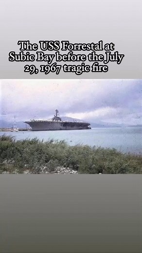 USS FORRESTAL CVA-59 sat moored to Leyte Pier, U. S. Naval Air Station, Cubi Point, Subic BayJuly 22, 1967 📷 Ken Killmeyer #SubicBay. On July 29, 1967, a fire broke out on board the aircraft carrier USS Forrestal after an electrical anomaly caused a Zuni rocket on an F-4B Phantom to fire, striking an external fuel tank of an A-4 Skyhawk. The flammable jet fuel spilled across the flight deck, ignited, and triggered a chain reaction of explosions that killed 134 sailors and injured 161. At the ti