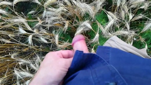 Farmer shows his dirty rubber boots and pee huge in the wheat field