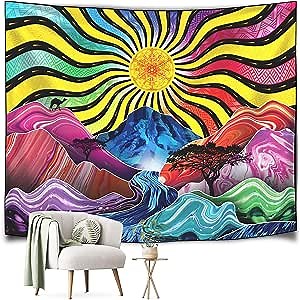 TEDERR Trippy Tapestry - Psychedelic Colorful Sun, Mountains, River and Trees - Room Decor Tapastry's Wall Hanging - Hippie Tapestry Nature Landscape - Transmits Good Vibes (Medium Size)