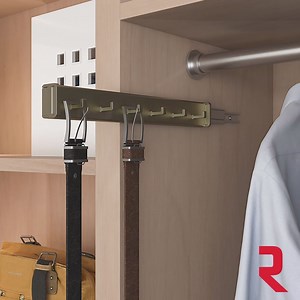 Experience the ultimate convenience and organization for belts, ties, scarves, or valet rods with Richelieu's Design-R closet accessories! Declutter closet space to optimize every inch of a wardrobe's #storagedesign. Simply slide out the rack for easy access. Ensure every accessory has its place with Richelieu. https://rc.richelieu.com/f1246863 #richelieuhardware #richelieuinnovation | Richelieu Hardware