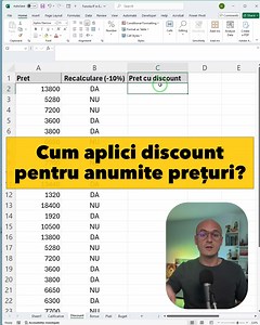 🚀 Cum aplic discount doar pentru anumite preturi? Avem un tabel cu prețuri. Pe coloana A avem prețurile, pe coloana B specificăm daca prețul respectiv trebuie recalculat (DA sau NU) și aplicat un discount de 10%. Poți face asta imediat cu funcția IF in Excel Uite cum se scrie =IF(B2="DA", A2*0.9, A2) Extindem formula pentru celelalte rânduri si totul este gata! În cursurile mele te învăț pas cu pas cum poți lucra eficient in Excel – daca ești interesat, te aștept pe invataexcel.ro | invataexcel
