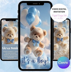 Teddy Bear Baby Shower Video Invitation – Blue & White Balloon Clouds – Personalized Digital Phone Evite - Baby Boy Baby Shower Invitation - Etsy