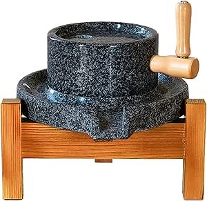 Large Natural Granite Stone Mill Grinder for Grinding Grain Rice Flour Rice Paste Wheat Beans Soybeans and Spices, Country Stone Mill with Wooden Stand (9.8in * 15.7in)