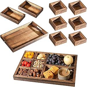 Wooden Serving Tray with Handle Rectangular Solid Wood Platters Set of 9 Bamboo Storage Trays for Coffee,Breakfast,Dessert,Fruit,Bread,Home Decor,Parties