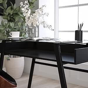 Merrick Lane Somerset Tempered Glass Computer Desk with Storage Shelf and Black Metal Splayed Legs