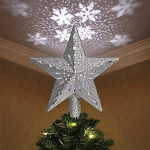 Christmas Tree Topper Projector Light - 3D Xmas Tree Topper Lighted Star with Rotating Led Projector Snowflake for Christmas Decorations(Silver)