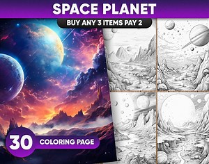 Space Planet Coloring Pages: 30 Grayscale Cosmic Art (JPEG/PDF) - Etsy