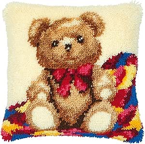 Latch Hook Kits Cushion Cover Pillowcase Embroidery DIY Kit for Adults and Kids, Teddy Bear, 17"x17"