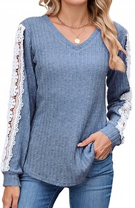 UVN Long Sleeve Shirts for Women Fall V Neck Lace Blouses Casual Dressy Tunic Pullover Sweaters Tops