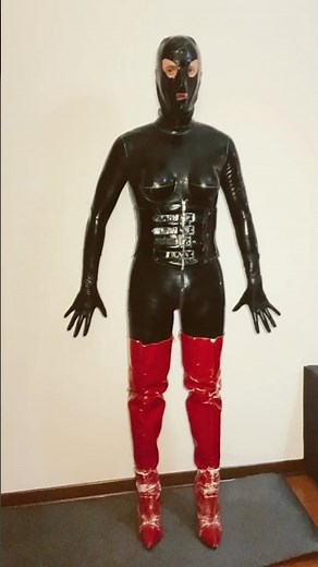 Latex ASMR, rubber catsuit with boobs and long boots #latexfashion #bootsformen #corset