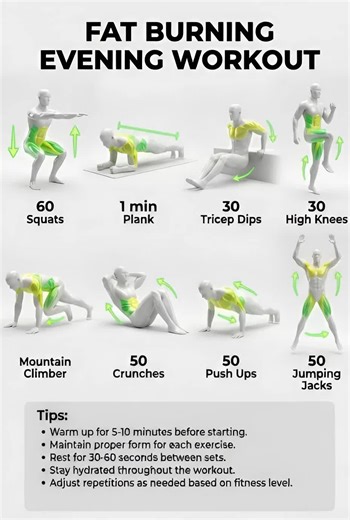 🔥 FAT BURNING EVENING WORKOUT ALERT! 🔥 No gym? No problem – crush this bodyweight session from home! 💪 Moves include squats, plank, tricep dips, high knees, mountain climbers, crunches, push ups & jumping jacks. ✨ Key Tips: Warm up first, nail your form, rest 30-60 secs between sets, stay hydrated & tweak reps to match your fitness level! Save this to level up your evenings – tag a friend to sweat with you! 🤝 #EveningWorkout #FatBurning #HomeWorkout #NoEquipmentFitness